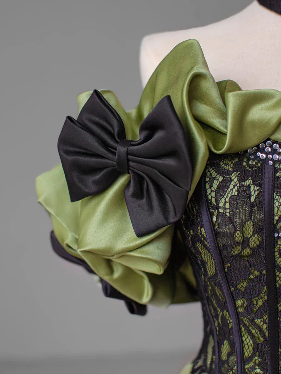 Green Satin Lace Long Prom Dress, Beautiful A-Line Evening Dress with Bow  TP342