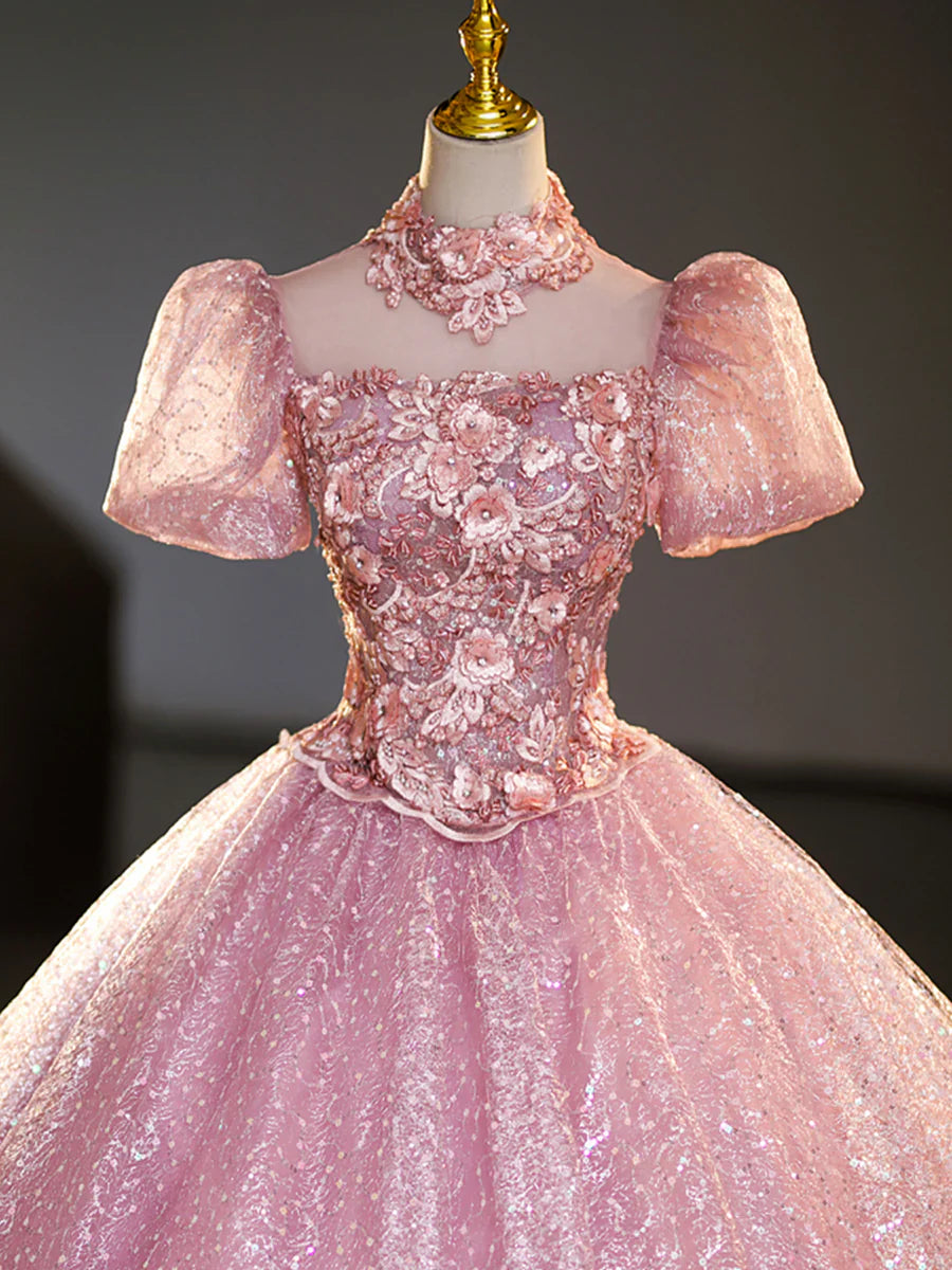 Pink Tulle and Lace Long Prom Dress with Sequins, Beautiful A-Line Sweet 16 Dress  TP346