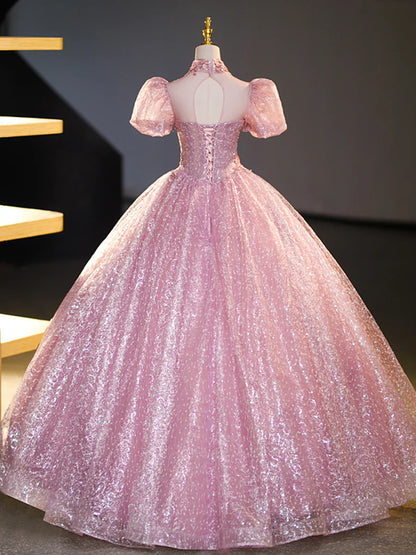 Pink Tulle and Lace Long Prom Dress with Sequins, Beautiful A-Line Sweet 16 Dress  TP346