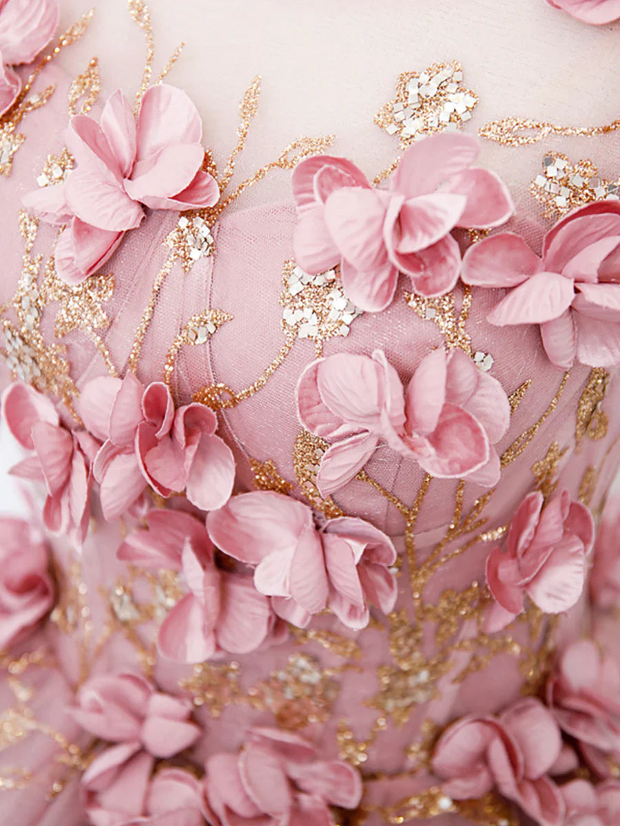 Pink Tulle Long Prom Dress with Flowers, Beautiful A-Line Sweet 16 Dress  TP347