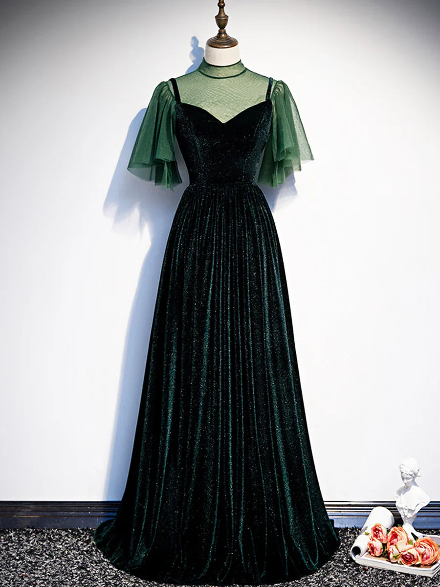 Green Velvet Long Prom Dress, Elegant A-Line Green Evening Dress  TP348