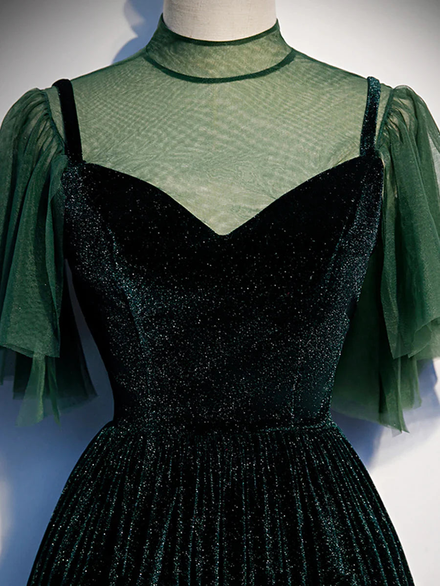 Green Velvet Long Prom Dress, Elegant A-Line Green Evening Dress  TP348