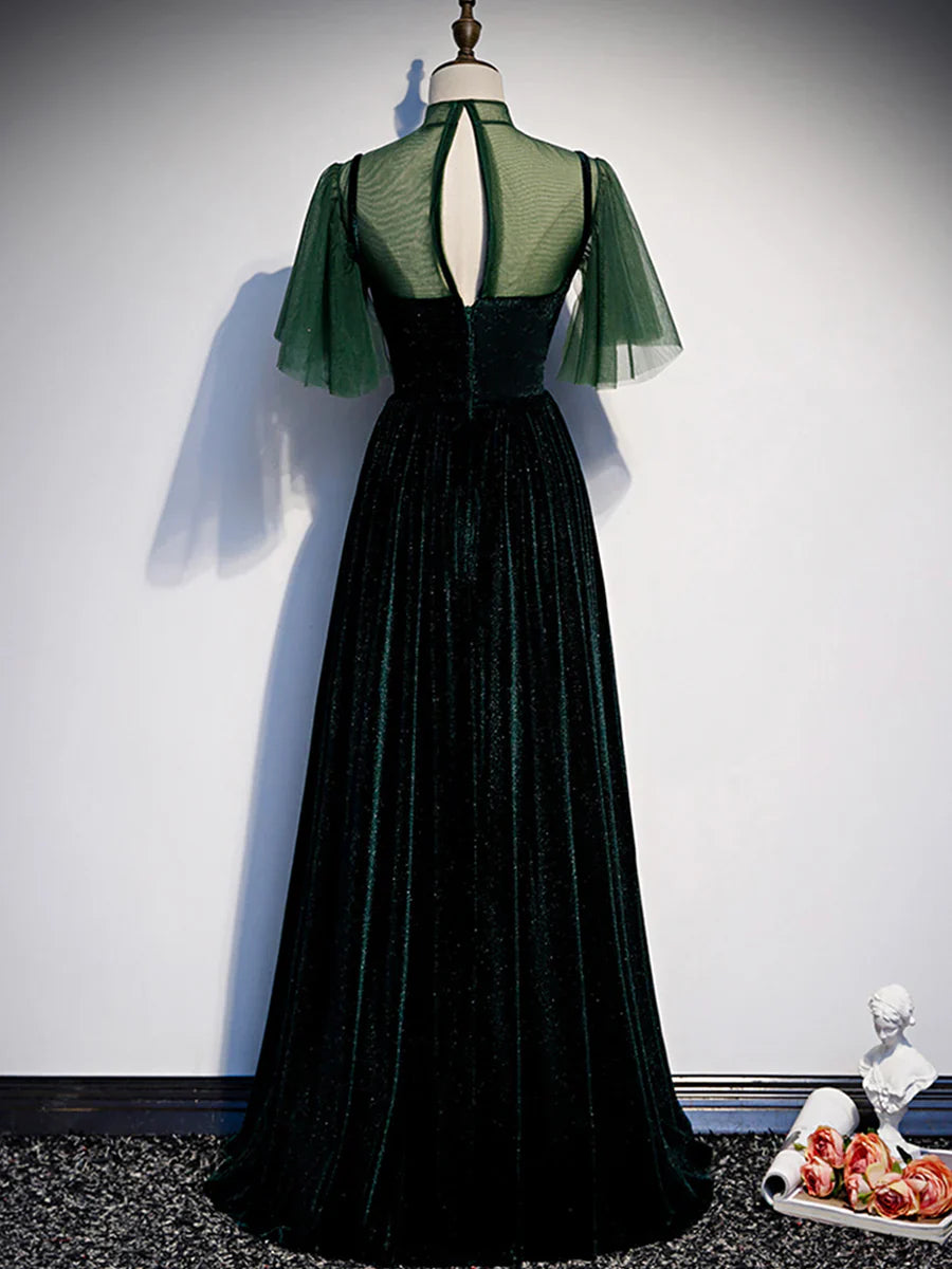 Green Velvet Long Prom Dress, Elegant A-Line Green Evening Dress  TP348