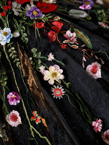 Black Tulle Long Prom Dress with Lace Flowers, Beautiful Off Shoulder Evening Gown  TP349