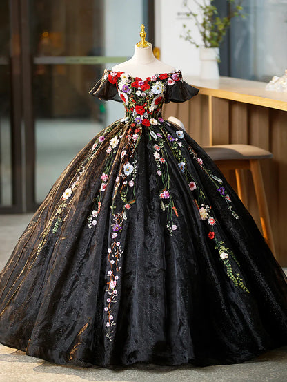 Black Tulle Long Prom Dress with Lace Flowers, Beautiful Off Shoulder Evening Gown  TP349