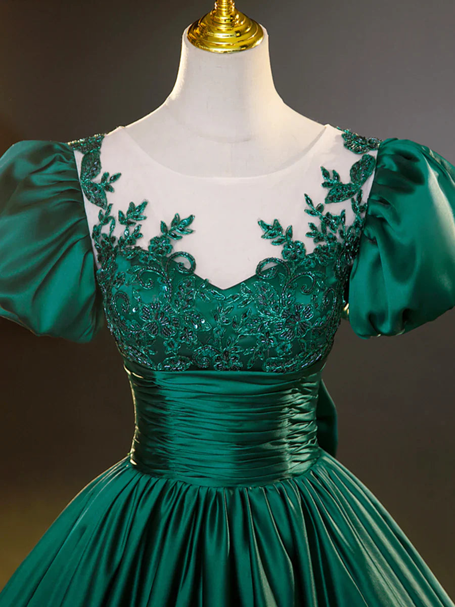 Green Satin Lace Floor Length Formal Dress, Short Sleeve A-Line Evening Dress  TP351