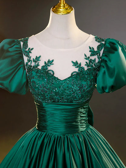Green Satin Lace Floor Length Formal Dress, Short Sleeve A-Line Evening Dress  TP351