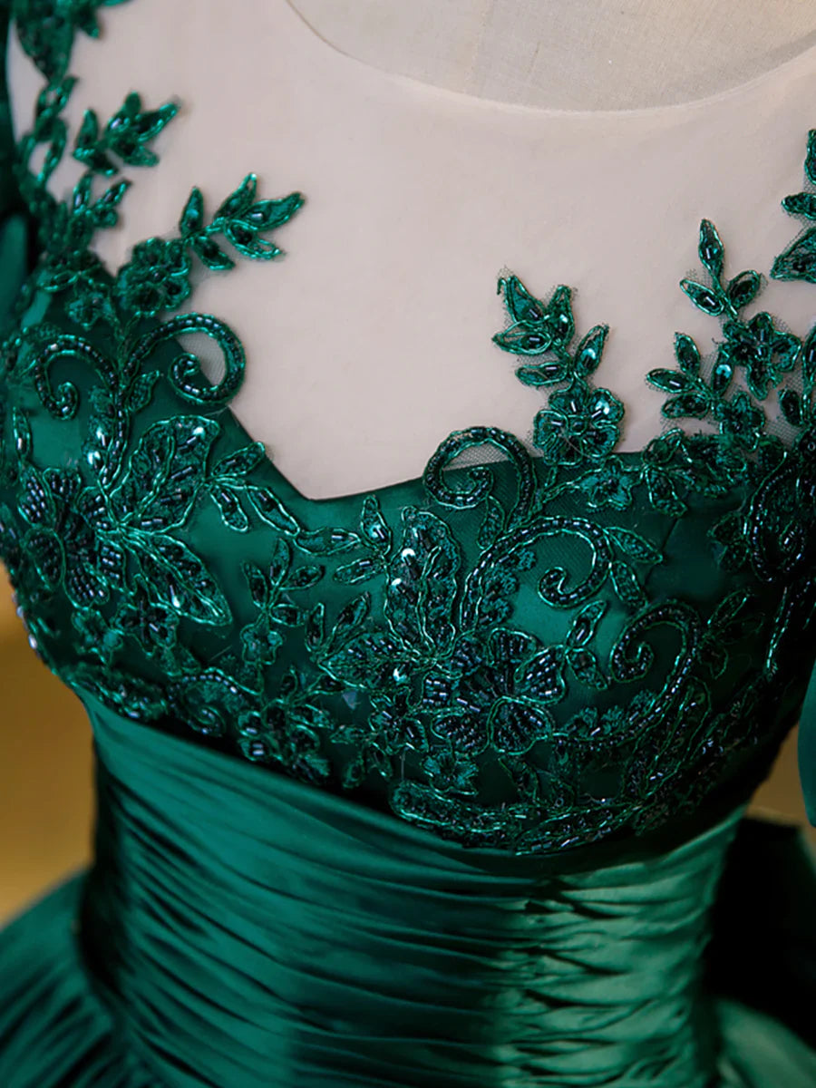 Green Satin Lace Floor Length Formal Dress, Short Sleeve A-Line Evening Dress  TP351