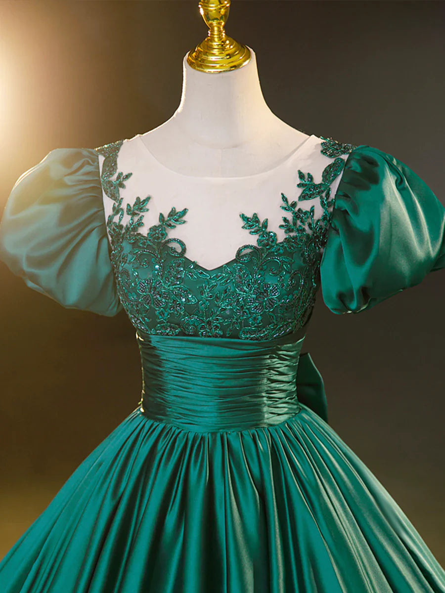 Green Satin Lace Floor Length Formal Dress, Short Sleeve A-Line Evening Dress  TP351