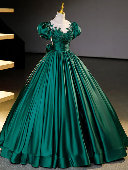 Green Satin Lace Floor Length Formal Dress, Short Sleeve A-Line Evening Dress  TP351