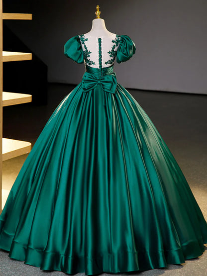 Green Satin Lace Floor Length Formal Dress, Short Sleeve A-Line Evening Dress  TP351