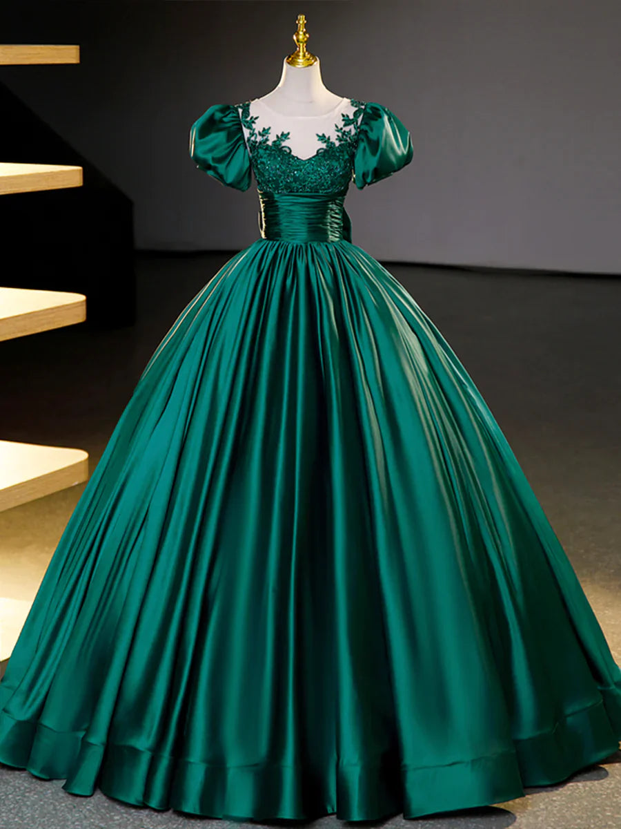 Green Satin Lace Floor Length Formal Dress, Short Sleeve A-Line Evening Dress  TP351