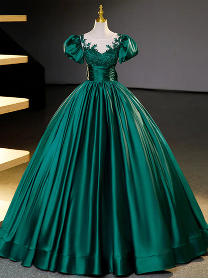Green Satin Lace Floor Length Formal Dress, Short Sleeve A-Line Evening Dress  TP351