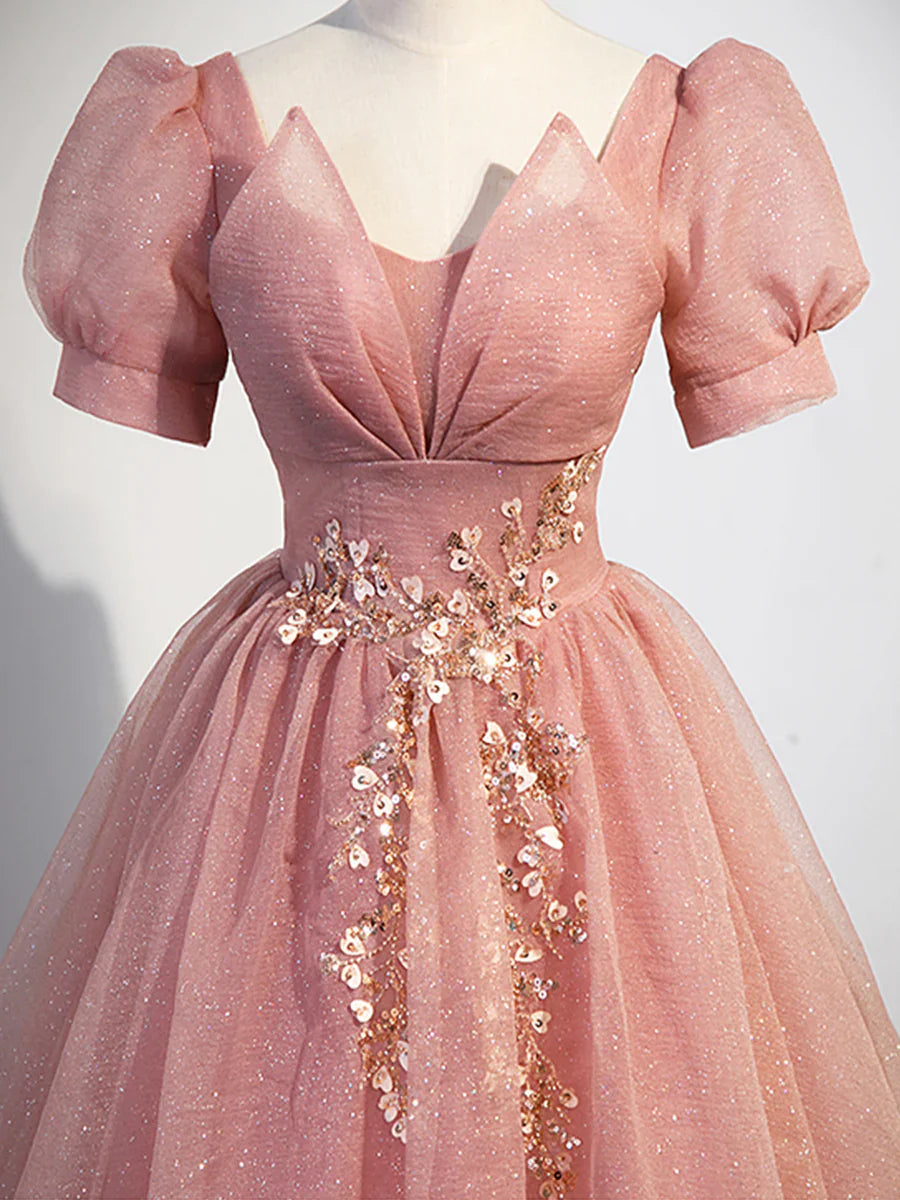 Pink Tulle Floor Length Prom Dress with Short Sleeve, Beautiful A-Line Evening Dress  TP355