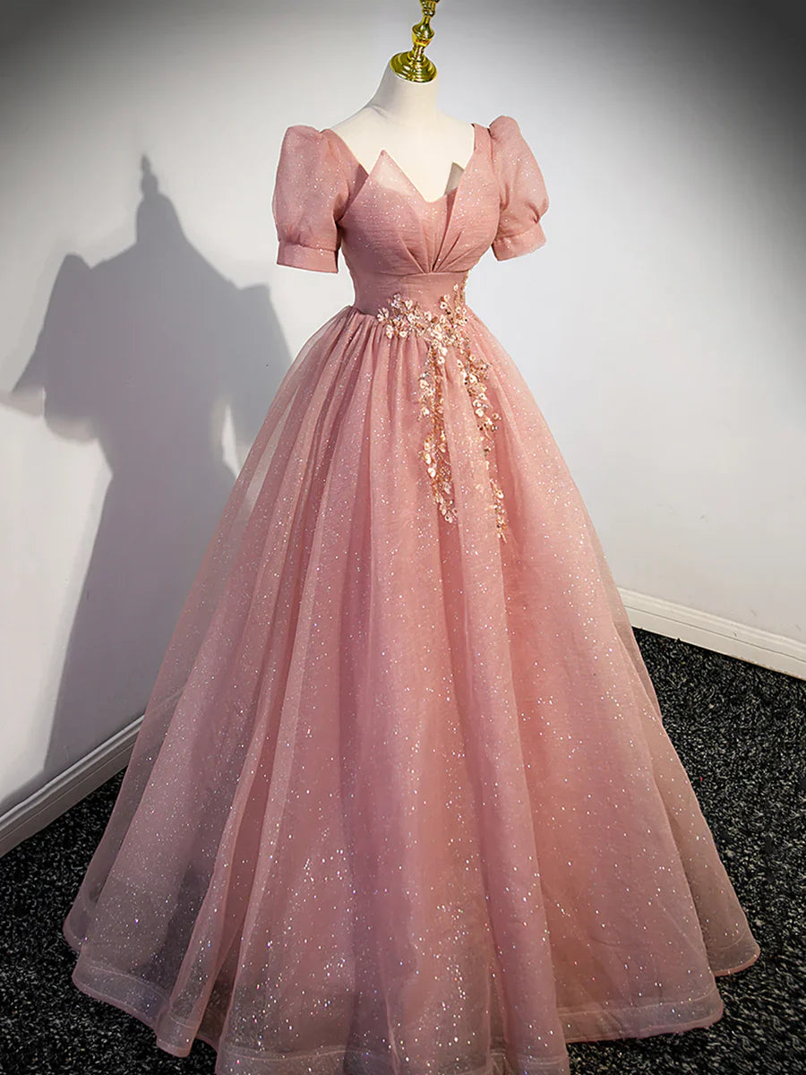Pink Tulle Floor Length Prom Dress with Short Sleeve, Beautiful A-Line Evening Dress  TP355