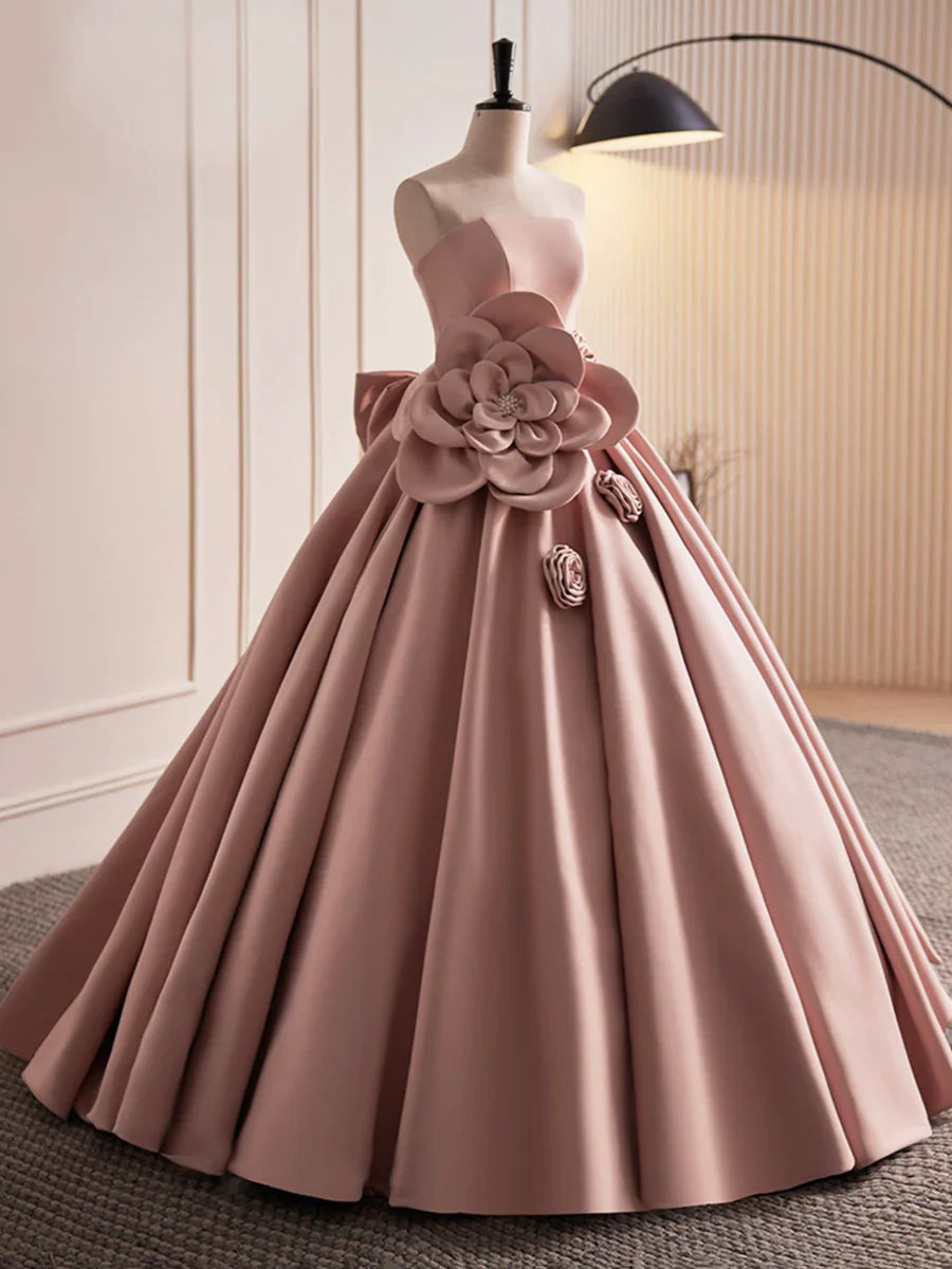 Pink Strapless Satin Long Prom Dress, Beautiful A-Line Evening Dress  TP357
