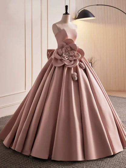 Pink Strapless Satin Long Prom Dress, Beautiful A-Line Evening Dress  TP357