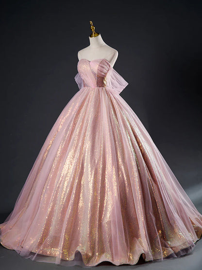 Pink Tulle Sequins Long Prom Dress, Beautiful A-Line Formal Dress Sweet 16 Dress  TP362