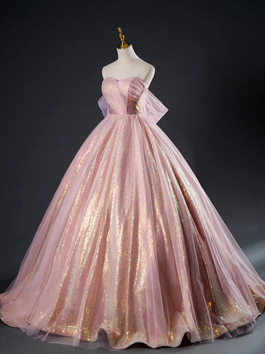 Pink Tulle Sequins Long Prom Dress, Beautiful A-Line Formal Dress Sweet 16 Dress  TP362