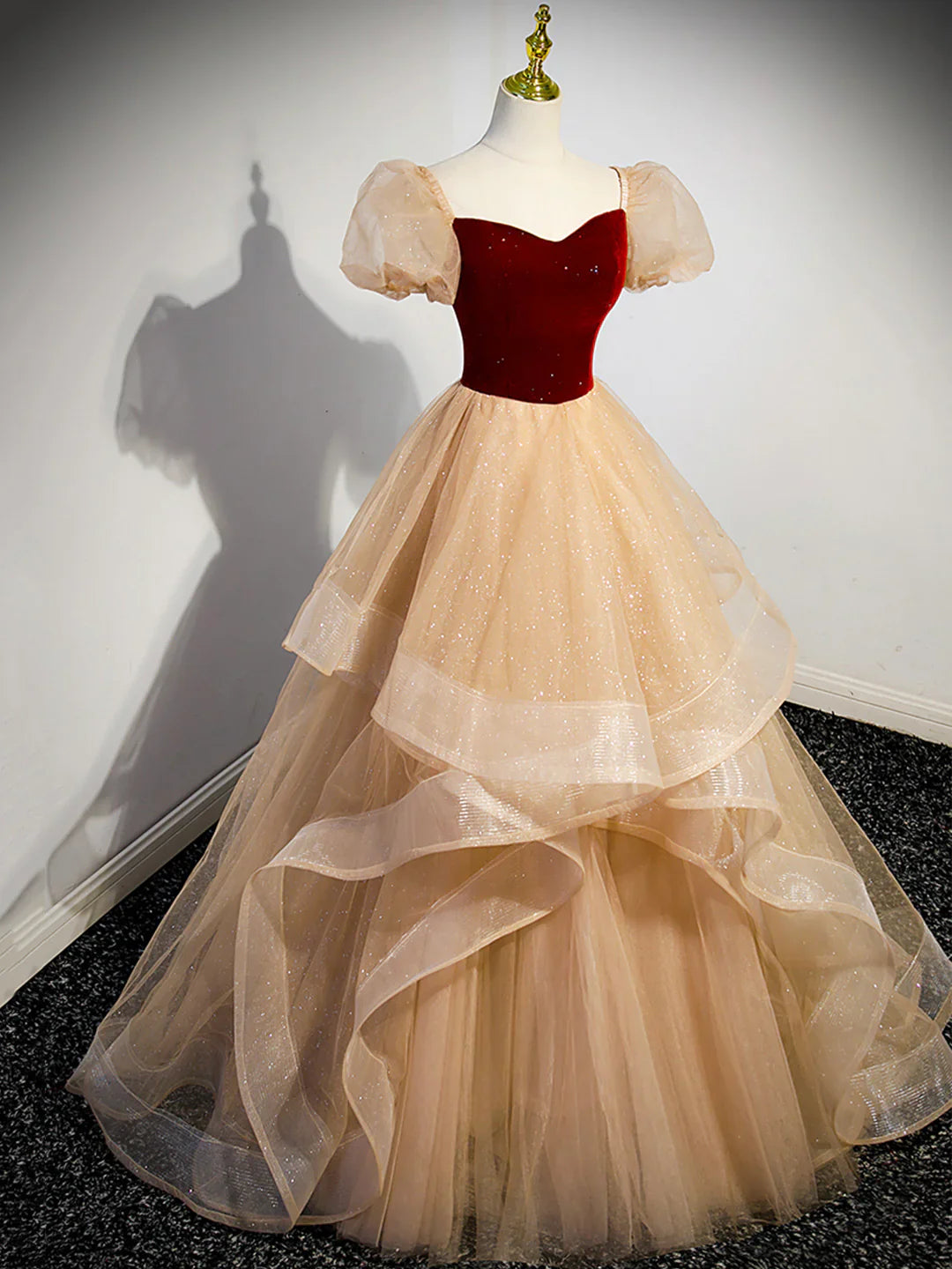 Cute Velvet Tulle Long Prom Dress, A-Line Short Sleeve Formal Dress  TP363