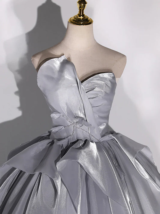 Gray Strapless Tulle Long Ball Gown, A-Line Evening Dress Formal Dress  TP365
