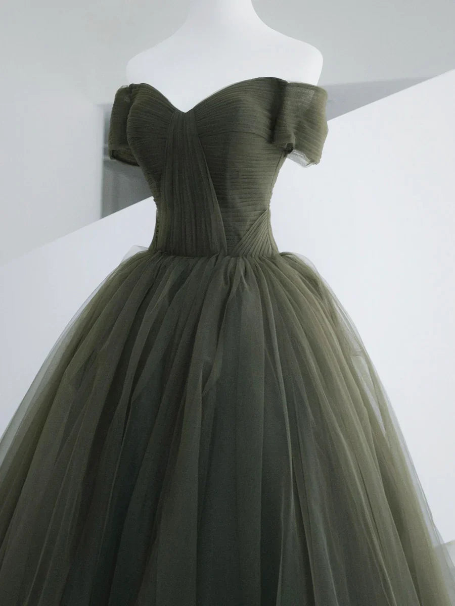 Green Tulle Long Prom Dress, A-Line Off Shoulder Evening Dress  TP367