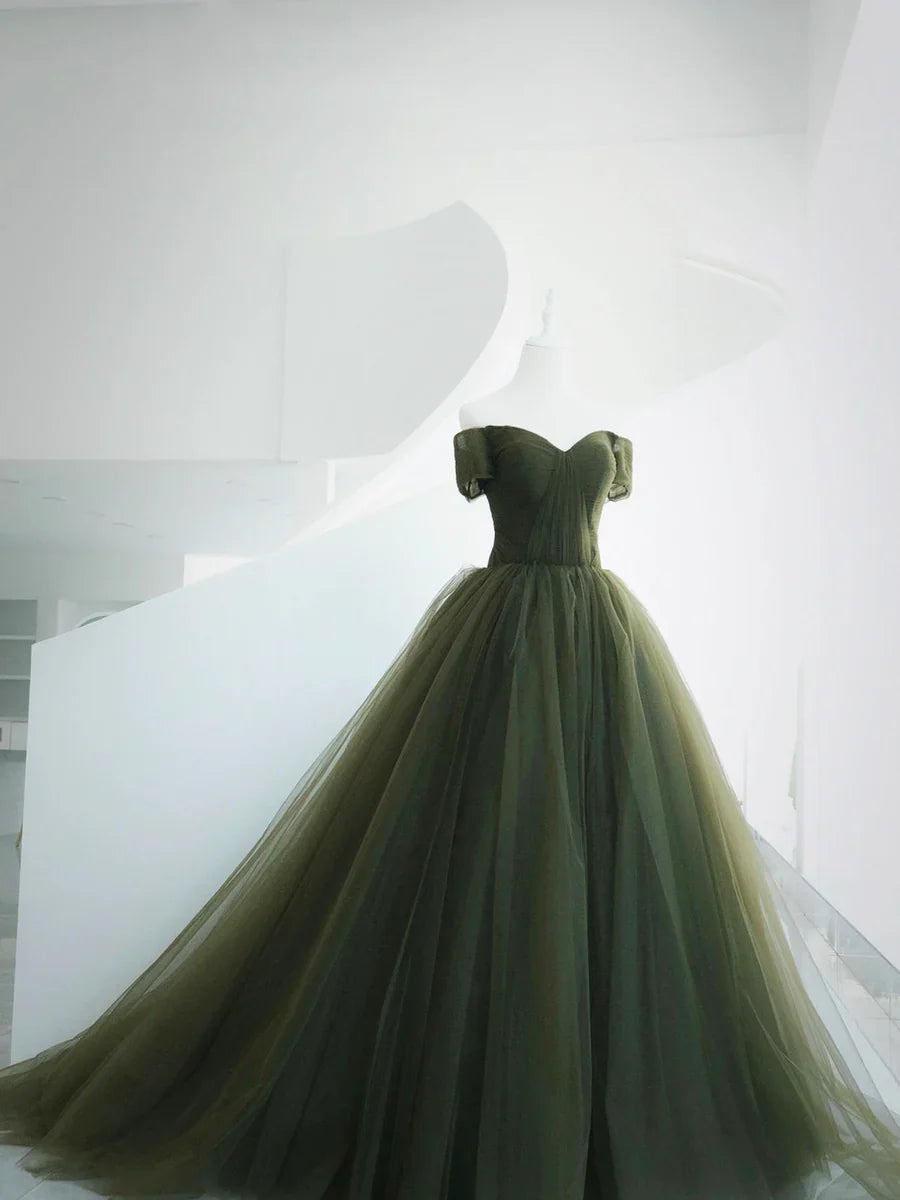 Green Tulle Long Prom Dress, A-Line Off Shoulder Evening Dress  TP367