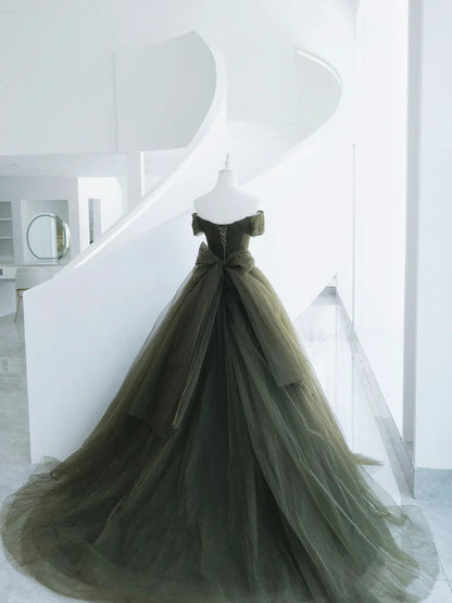 Green Tulle Long Prom Dress, A-Line Off Shoulder Evening Dress  TP367