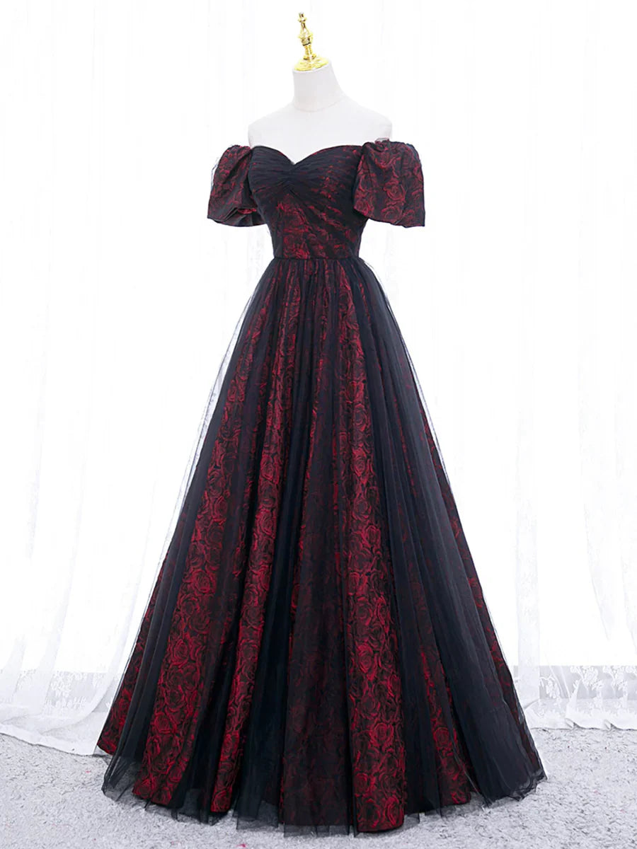 Black Tulle A-Line Prom Dress with Rose Print, Black Off Shoulder Evening Party Dress  TP368