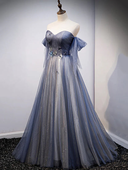 Blue Sweetheart Tulle with Lace Party Dress, Blue Long Formal Dress  TP376