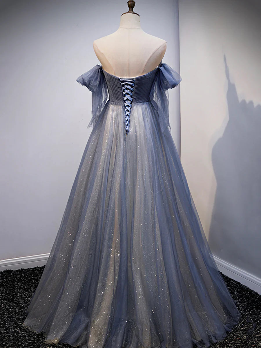 Blue Sweetheart Tulle with Lace Party Dress, Blue Long Formal Dress  TP376