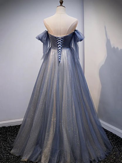 Blue Sweetheart Tulle with Lace Party Dress, Blue Long Formal Dress  TP376