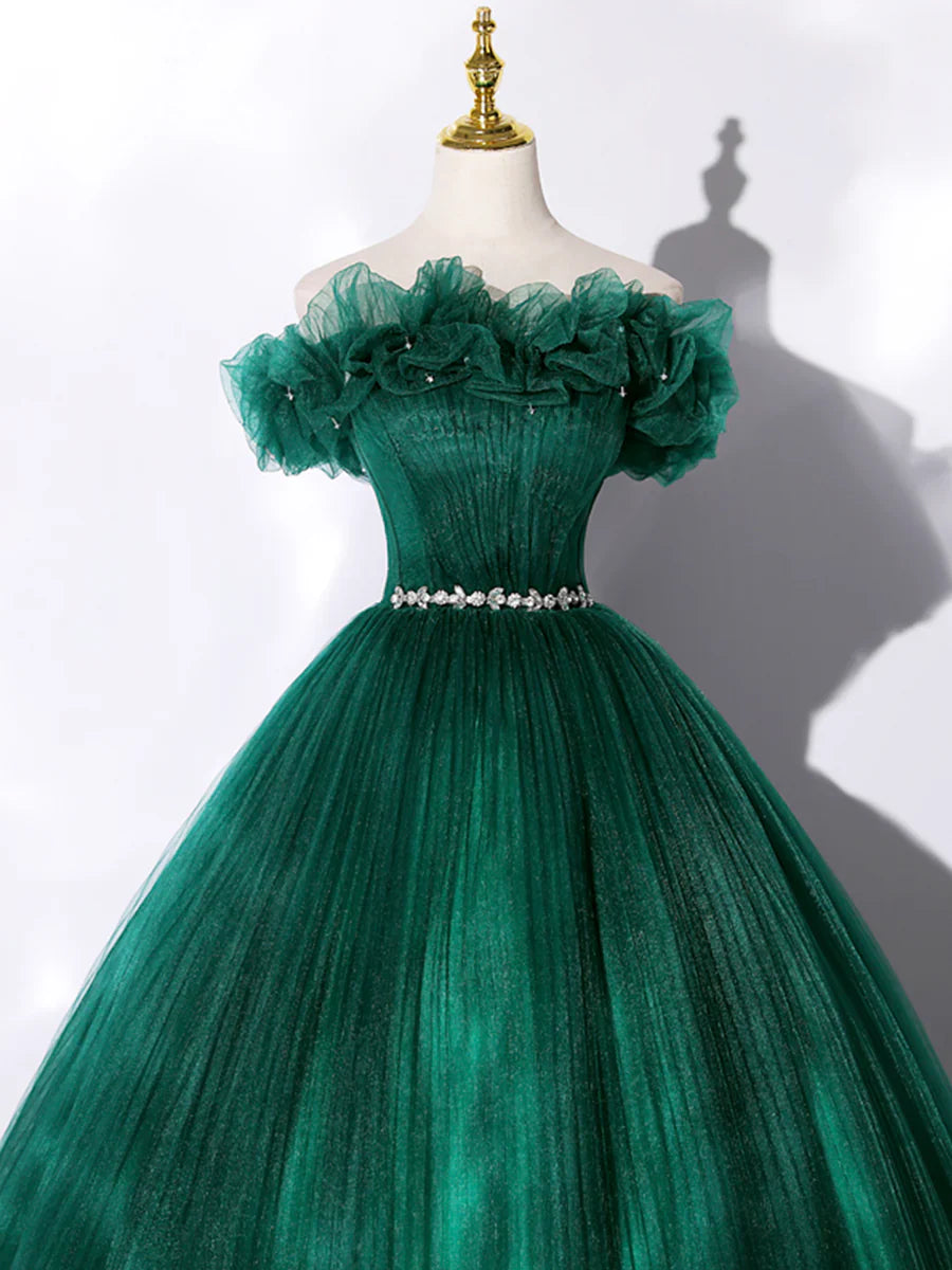 Green Off Shoulder Tulle Formal Dress, A-Line Long Prom Dress  TP377