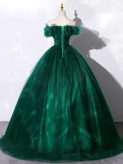 Green Off Shoulder Tulle Formal Dress, A-Line Long Prom Dress  TP377