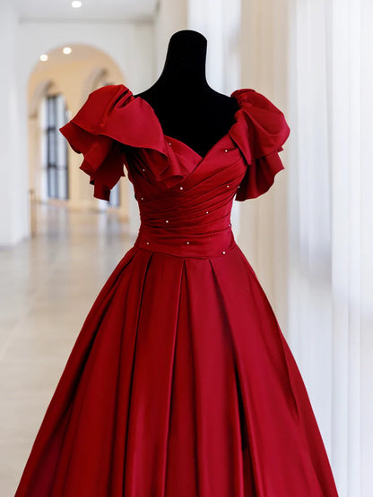 Burgundy Satin Long Prom Dress, A-Line Evening Party Dress  TP383