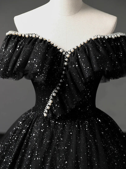 Black Tulle Long A-Line Prom Dress, Shiny Off Shoulder Evening Dress  TP385