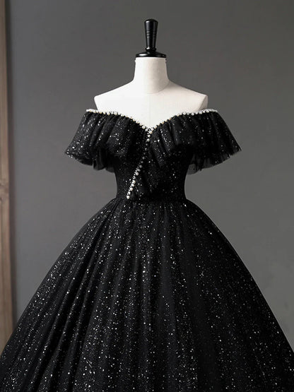 Black Tulle Long A-Line Prom Dress, Shiny Off Shoulder Evening Dress  TP385