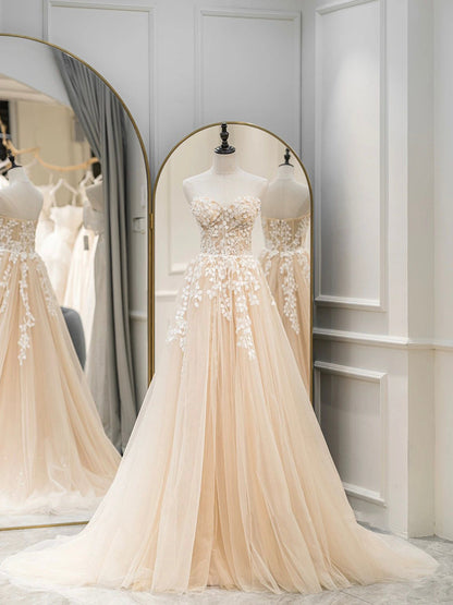 Cute Tulle Sweetheart Long Party Dress with Lace, Beautiful A-Line Prom Dress  TP387