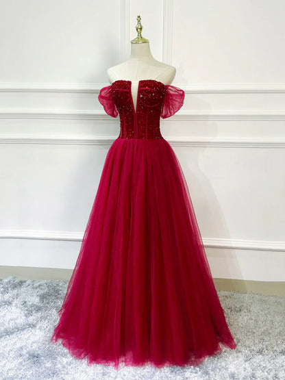 Burgundy Tulle Beaded Long Formal Dress, Off Shoulder Evening Party Dress  TP389