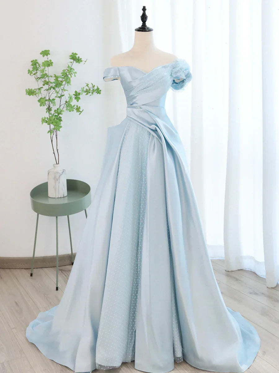 Blue Satin Tulle Long Prom Dress, Off Shoulder Formal Evening Dress TP395