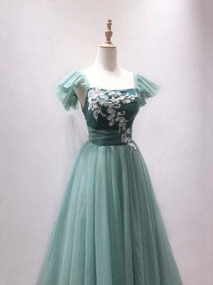 Green Velvet Tulle Tea Length Prom Dress, Cute A-Line Party Dress with Lace TP396
