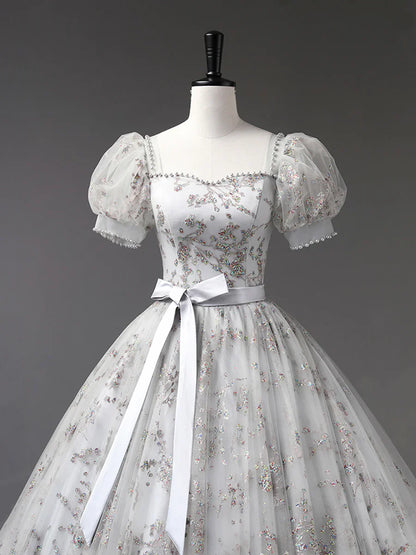 Gray Tulle Sequins Long Prom Dress, A-Line Short Sleeve Evening Dress TP397