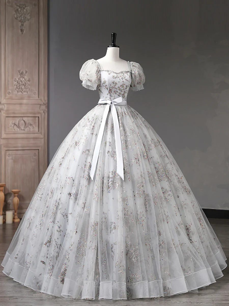 Gray Tulle Sequins Long Prom Dress, A-Line Short Sleeve Evening Dress TP397