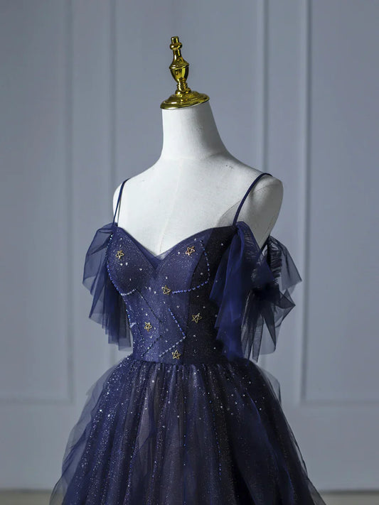 Blue Gradient Tulle Long Prom Dress, Beautiful Spaghetti Strap Evening Party Dress TP399