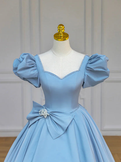 Blue Satin Long Prom Dress with Bow, Blue A-Line Formal Evening Dress TP400