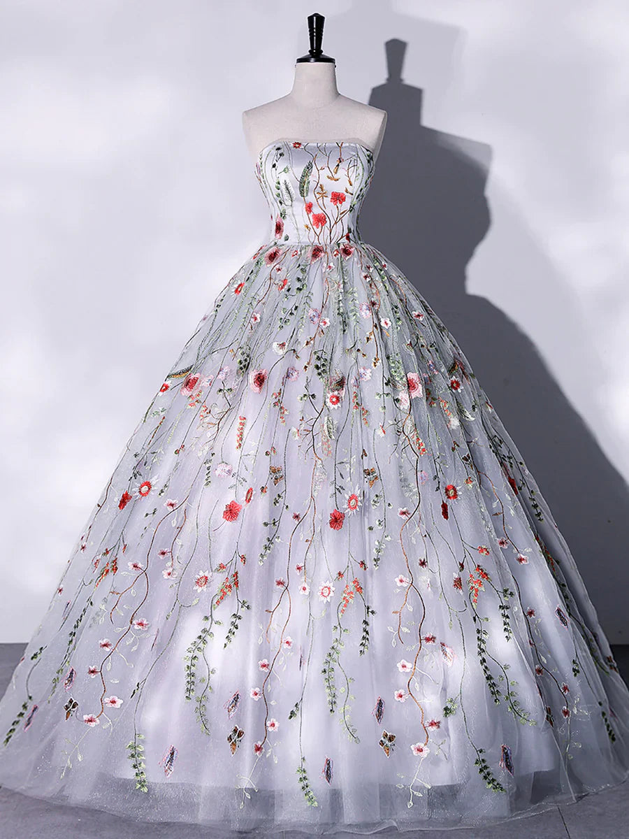 Lovely Strapless Floral Tulle Long Prom Dress, Gray A-Line Evening Party Dress TP401