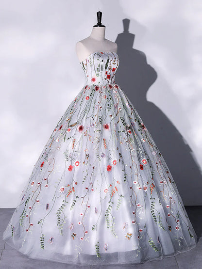 Lovely Strapless Floral Tulle Long Prom Dress, Gray A-Line Evening Party Dress TP401
