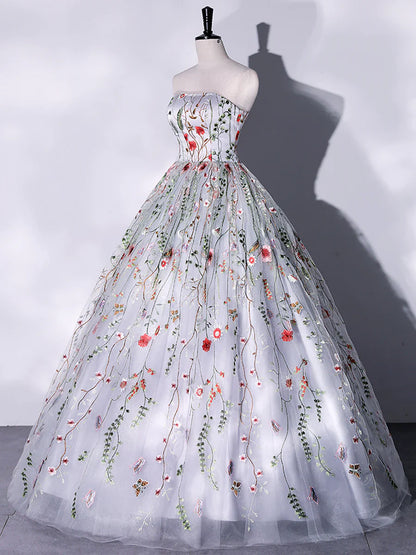 Lovely Strapless Floral Tulle Long Prom Dress, Gray A-Line Evening Party Dress TP401