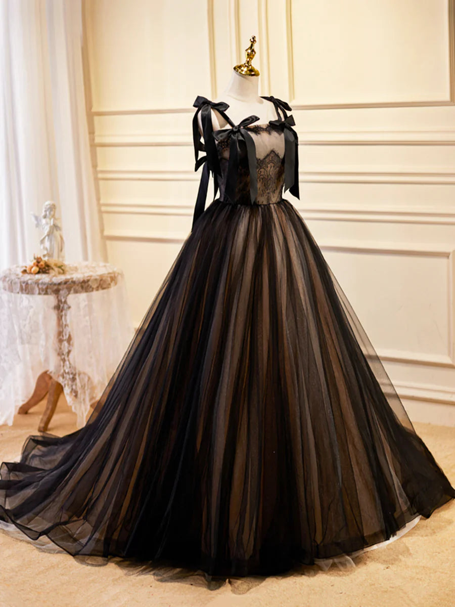 Black Tulle Lace Long Prom Dress, Black Evening Party Dress TP412