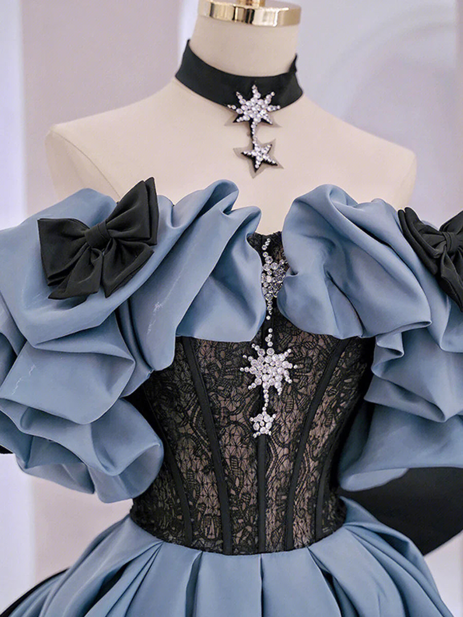 Blue Satin Lace Long Prom Dress, Off Shoulder Evening Dress TP420